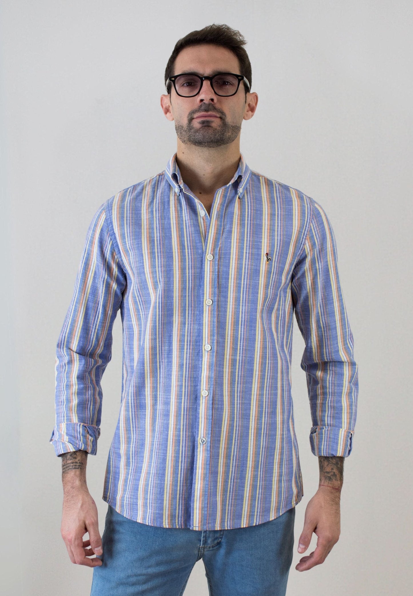 Light blue multicoloured vertical striped shirt