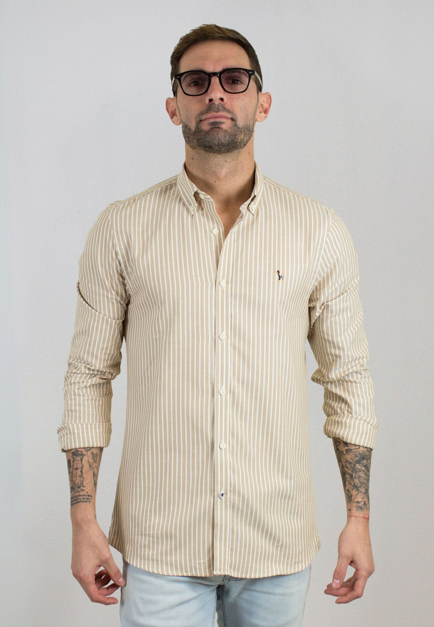 Camisa oxford de rayas anchas beige
