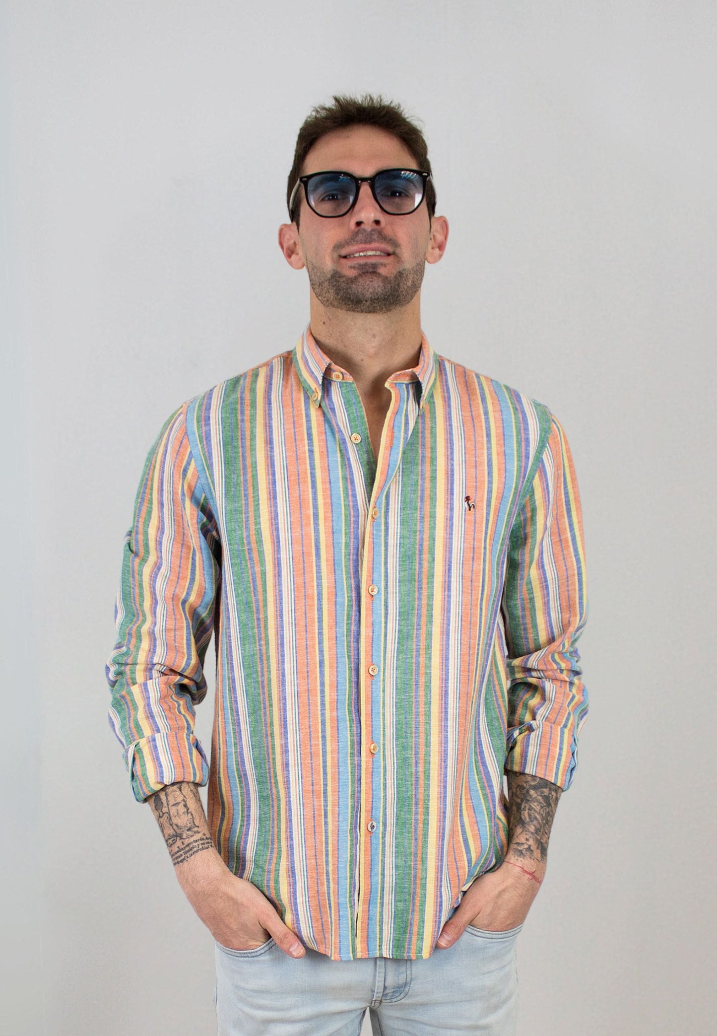 Camisa algodón lino multiraya