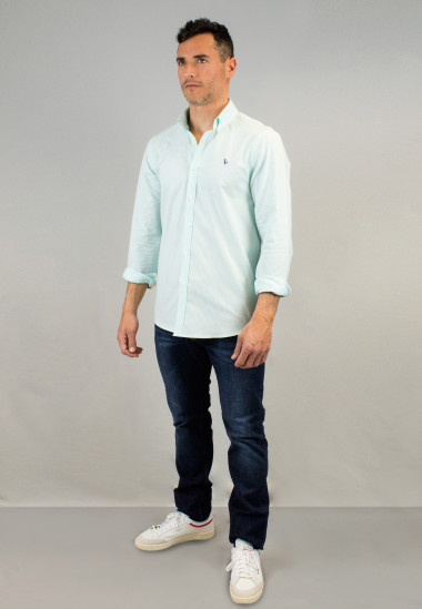 Camisa de hombre Oxford de rayas turquesa Patadegayo de calidad sostenible fabricada en España - detalle