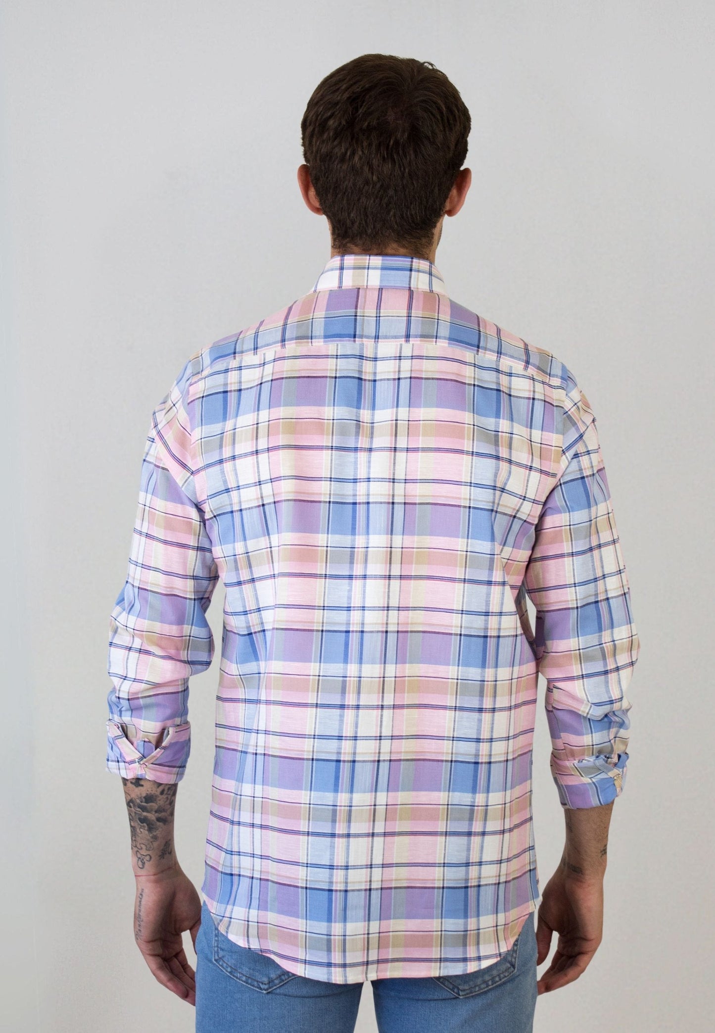 Camisa de cuadros grandes rosa con lino