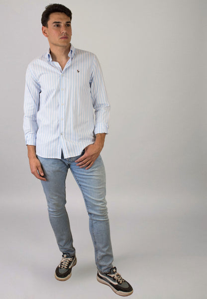 Camisa de rayas azul celeste y rosa