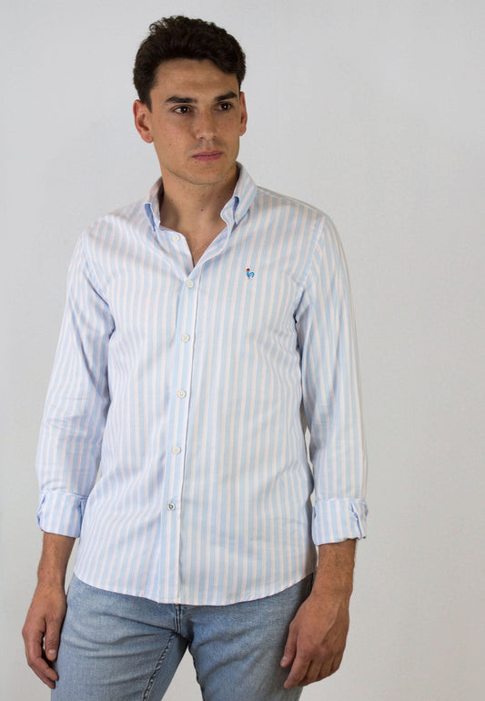 Camisa de rayas azul celeste y rosa
