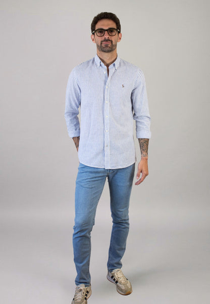 Camisa de rayas de lino azul
