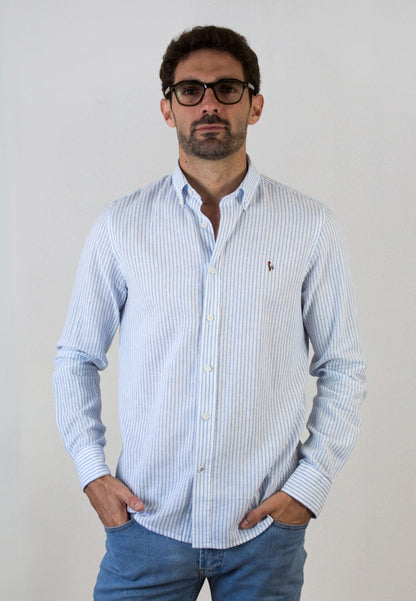 Camisa de rayas de lino celeste