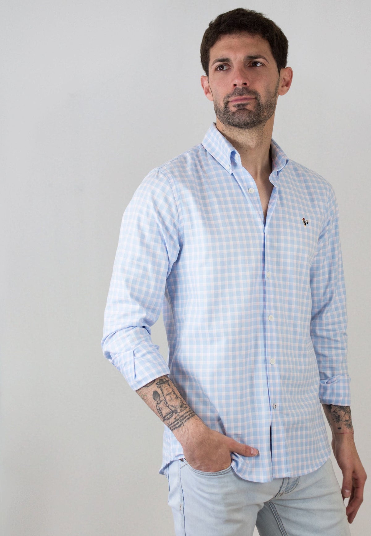 Camisa de cuadros azul celeste y rosa