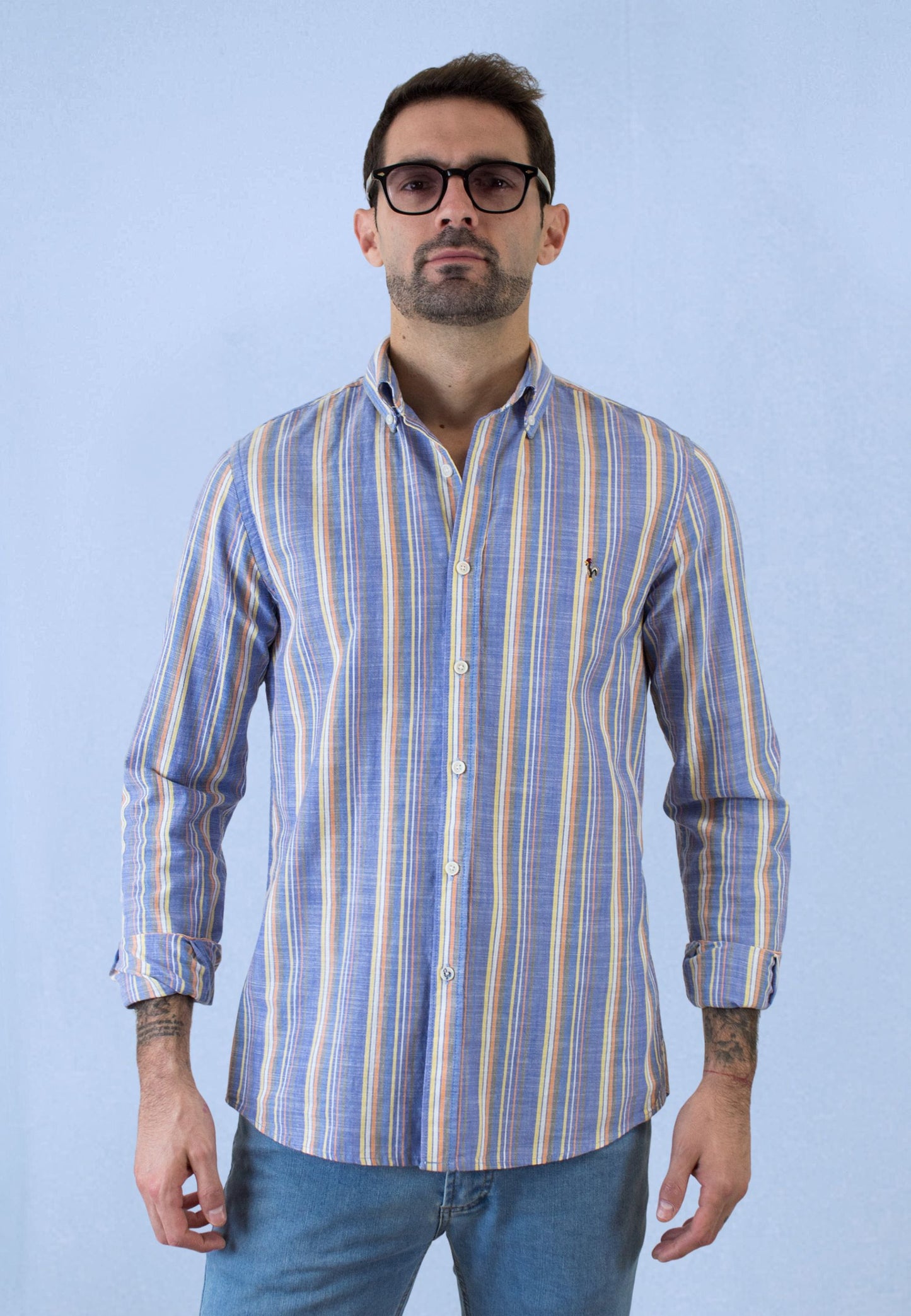Light blue multicoloured vertical striped shirt