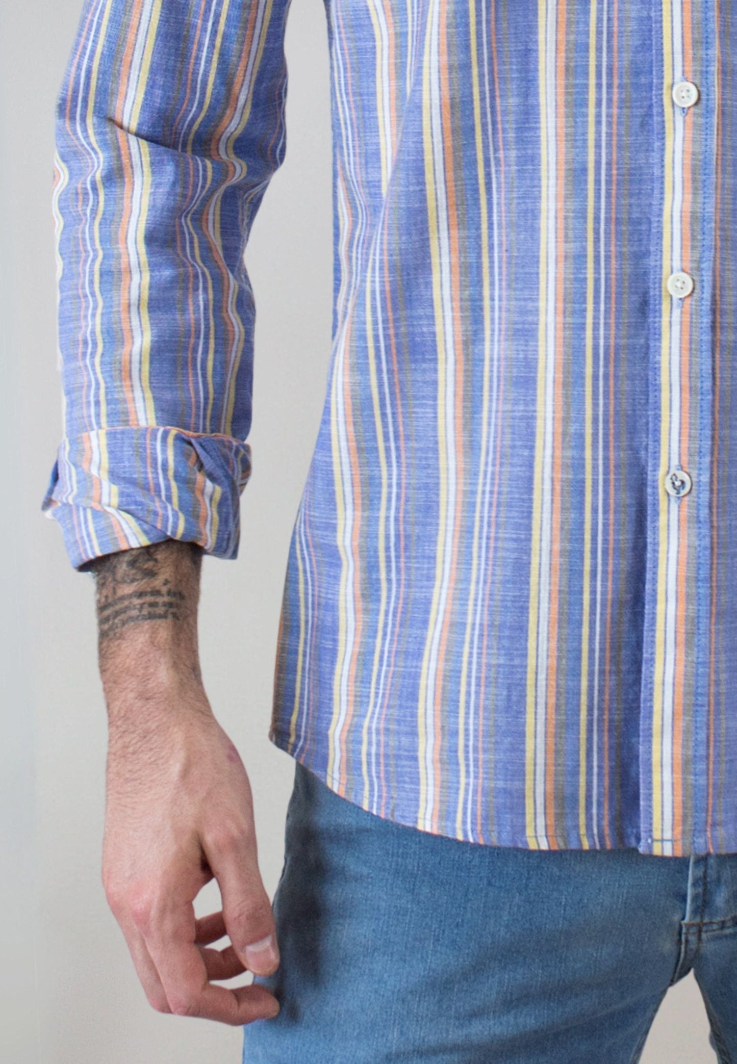 Light blue multicoloured vertical striped shirt