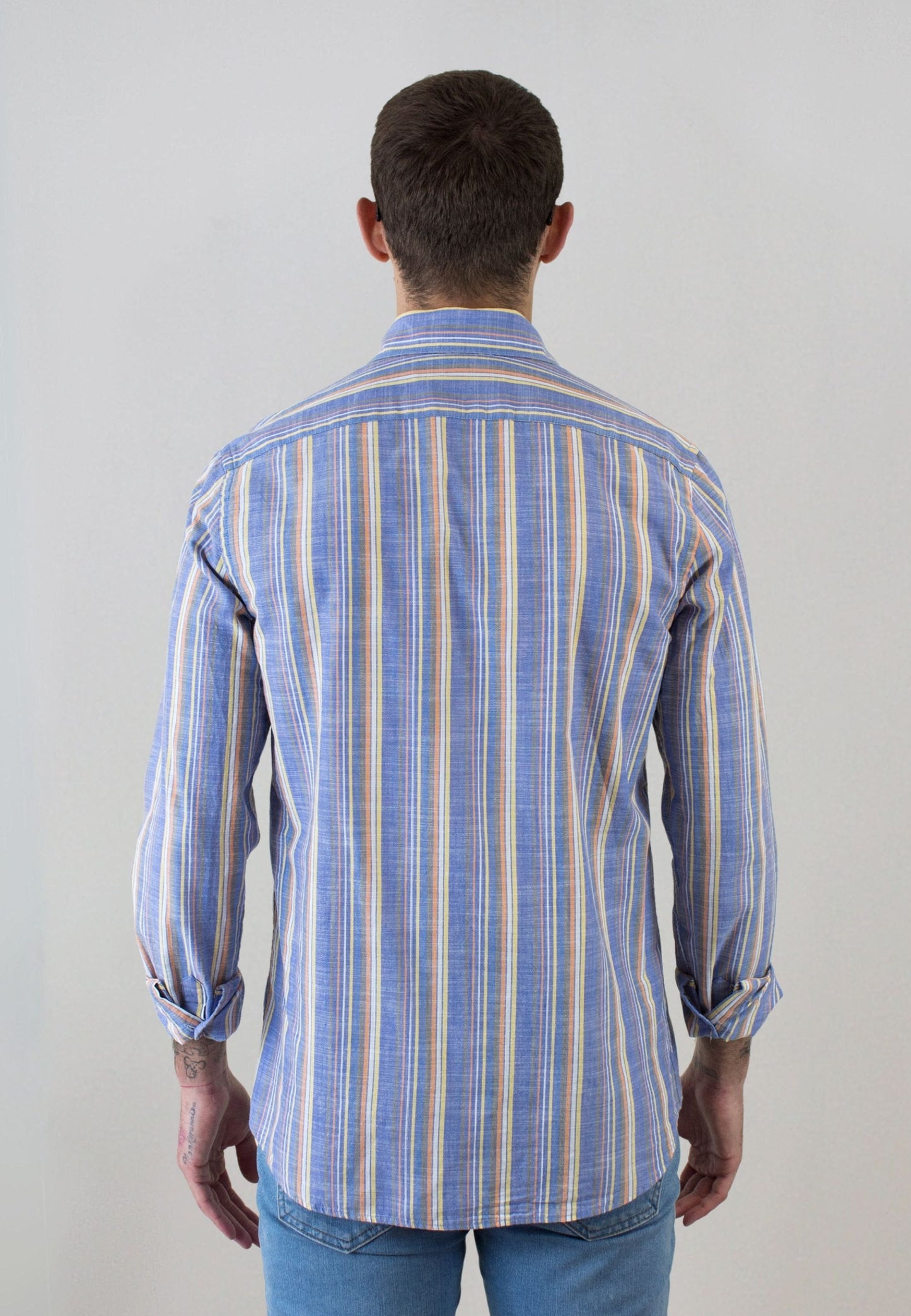 Light blue multicoloured vertical striped shirt