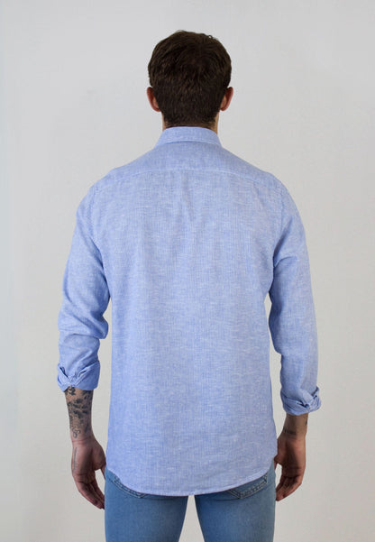 Camisa de rayas de lino azul y blanco