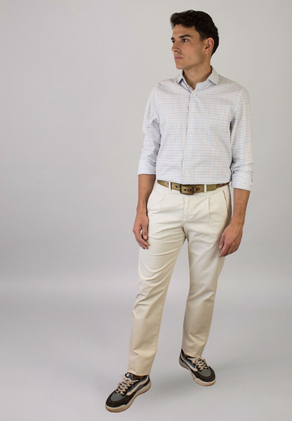 Camisa de cuadros celestes y beige