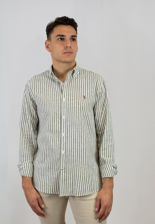 Camisa de raya ancha con lino kaki