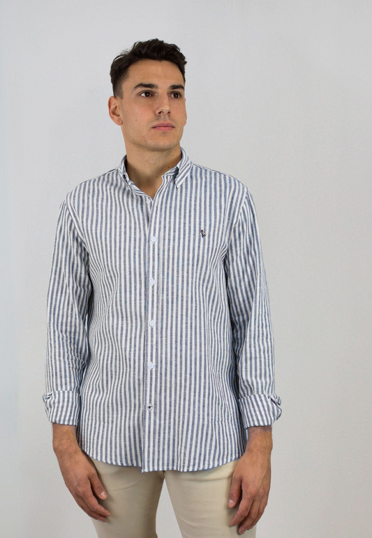 Camisa de raya ancha con lino marino