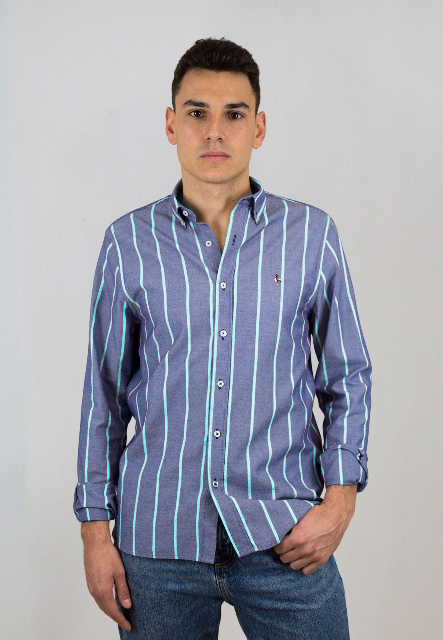 Camisa oxford lavado raya turquesa