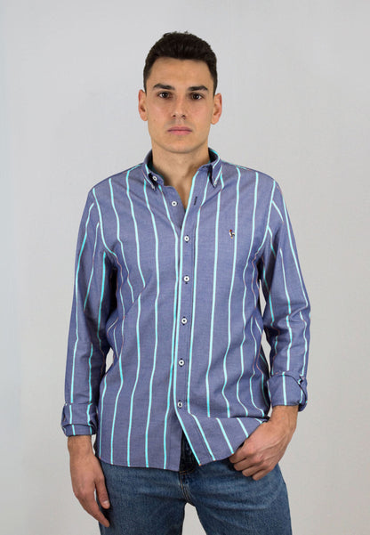 Camisa oxford lavado raya turquesa