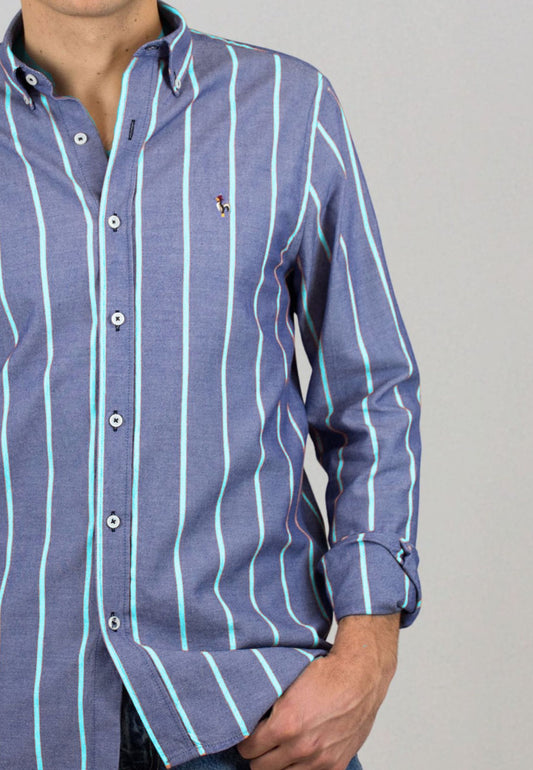 Camisa oxford lavado raya turquesa