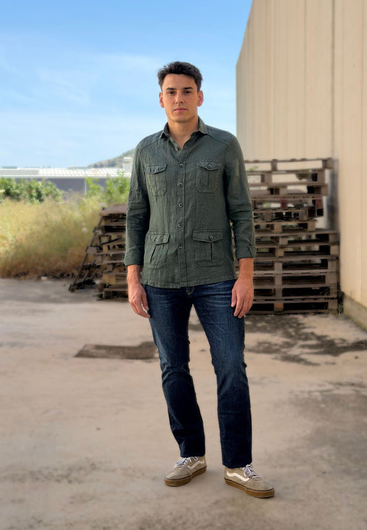 Camisa sahariana de lino kaki