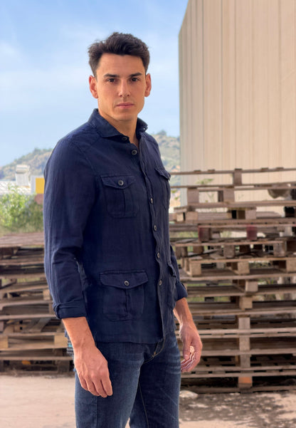 Camisa sahariana de lino azul marino