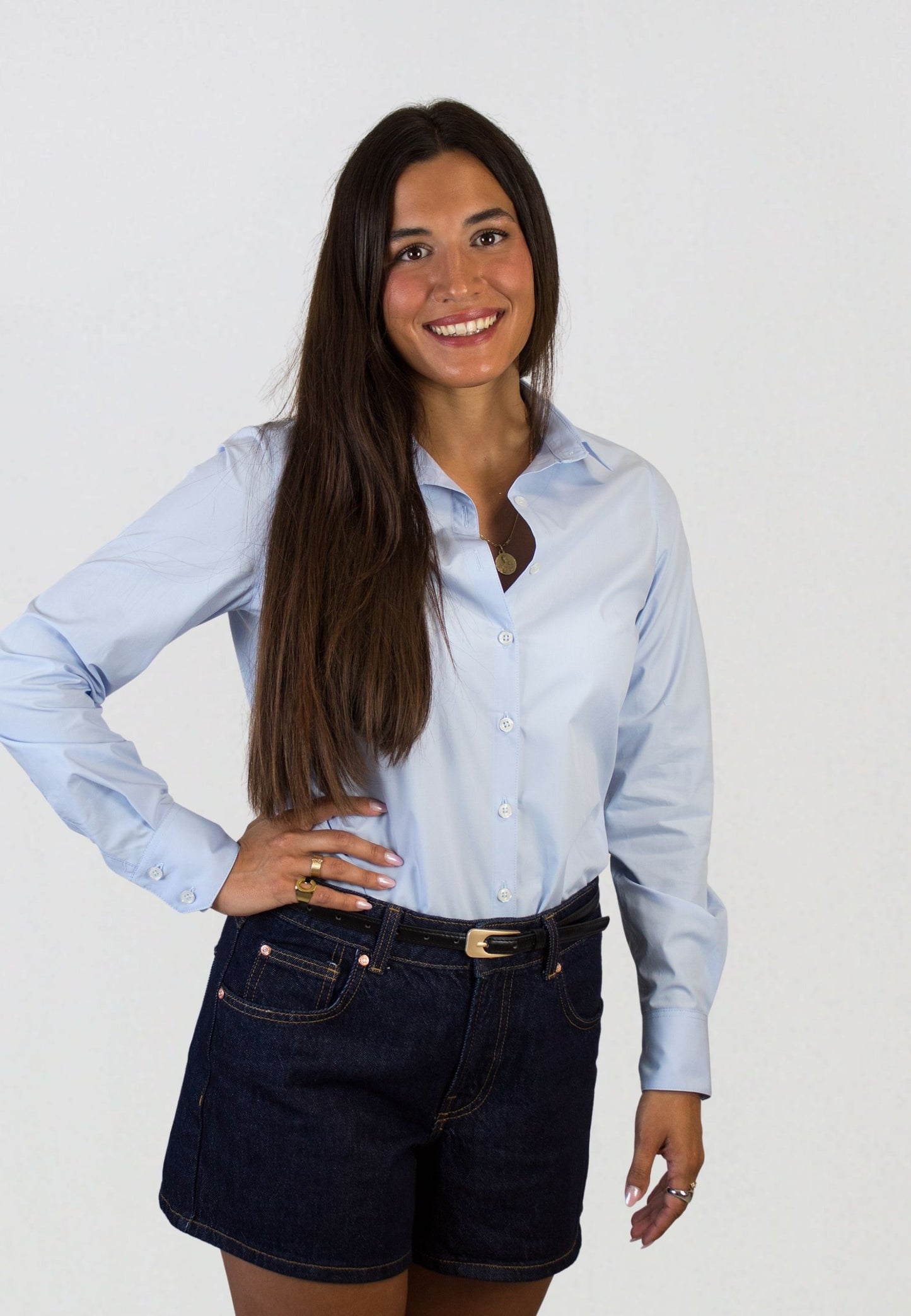 Camisa lisa popelín celeste mujer